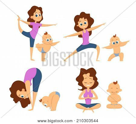 Baby yoga. Mutual exercises with mother and her baby. Different poses and exercises for beginners. Cartoon characters. Yoga mother and baby, pose of body healthy exercise. Vector illustration