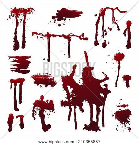 Dripping blood on isolated background. Set of dripping blood drops and trail, smear, splash, dripping. Paint splatters. Abstract vector illustration, design elements for Halloween party banner, flyer