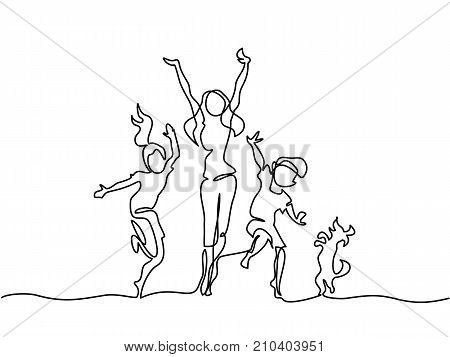 Continuous line drawing. Happy mother dancing with children and dog. Vector illustration. Total editable, choose thickness and place of line