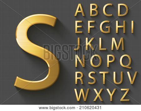 Golden luxury 3D alphabet: uppercase English letters. Metallic font on gray background. Good typeface for wealth and jewel concepts. ABC letters with transparent shadow, EPS 10 vector illustration.