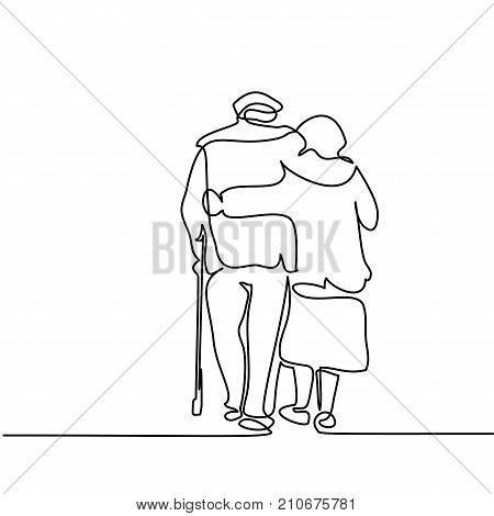 Continuous line drawing. Happy elderly couple hugging and walking. Vector illustration