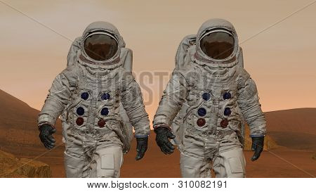 3d Rendering. Colony On Mars. Two Astronauts Wearing Space Suit Walking On The Surface Of Mars. Expl