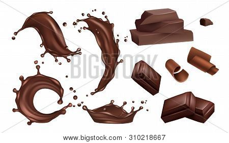 Realistic Chocolate Splashes, Flows And Bars Vector Isolated On White Background. Chocolate Bar Real