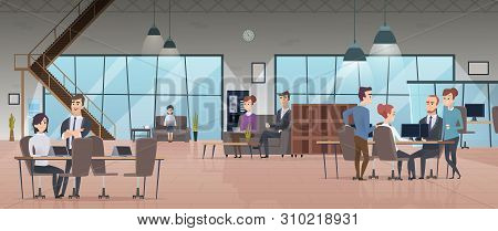 Open Office Interior. Business People Workspace Corporate Working Characters Vector Modern Office. I