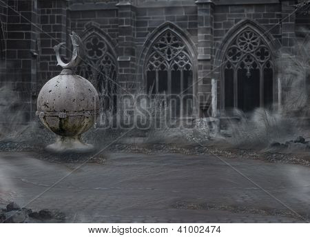 Horror. Medieval Mystic Spooky Castle With Archway In Dusk. Desolation In Mist