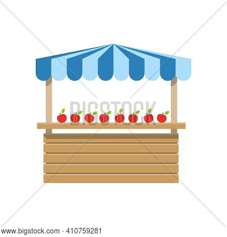 Wooden Greengrocer Market Stall With Apples Flat Vector Illustration