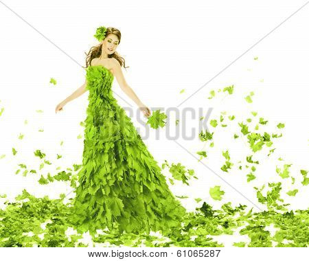 Fantasy Beauty, Fashion Woman In Seasons Spring Leaves Dress. Creative Beautiful Girl In Green Summe