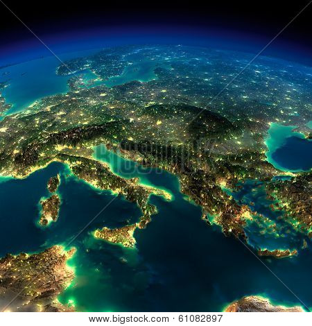 Night Earth. A Piece Of Europe - Italy And Greece