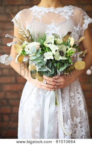 Unusual Wedding Bouquet In Retro Style At Hands Of A Bride