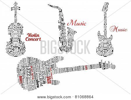 Word clouds and notes in shape of guitars, violin and saxophone