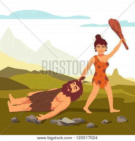 Stone age primitive woman drawing bearded man