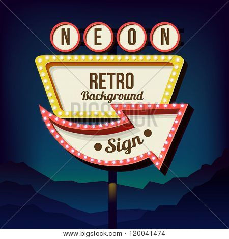 Vintage advertising road billboard with lights. Retro 3d sign.