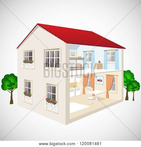 Building flat 3d web isometric concept vector. Exterior and interior isometry rooms. House in cut.