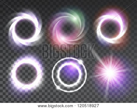 Isolated transparent glowing light effects set