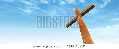 Concept or conceptual wood cross or religion symbol shape over a blue sky with clouds background metaphor to God, Christ, Christianity, religious, faith, holy, spiritual, Jesus, belief or resurection