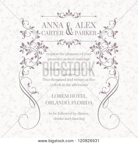 Wedding Invitation. Design Classic Cards. Decorative Floral Frame.