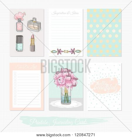 Printable cute set of filler cards with flowers makeup jewelry and beauty accessories. Vector templates for posters flyers banner designs journal cards scrapbook planner diary journaling.