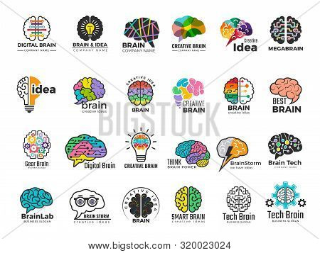 Brain Logo. Genius And Technology Smart Mind Business Concept Identity Vector Colored Symbols. Illus