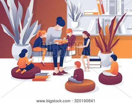 Cartoon Woman Read Book, Children Sit Listen Vector Illustration. Library Bookcase Bookshelf. Litera