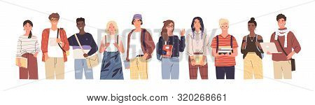 Group Of Multicultural Students Flat Vector Illustration. Young Girls And Boys Holding Books And Lap