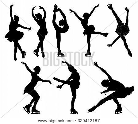 Set Of Figure Skating. Collection Of Girls Figure Skating. Black White Illustration. Winter Sport. I