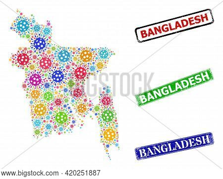 Vector Coronavirus Collage Bangladesh Map, And Grunge Bangladesh Seals. Vector Colored Bangladesh Ma