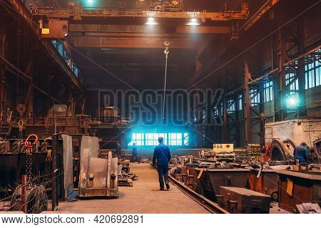 Factory Interior. Heavy Metallurgy Industry. Foundry Workshop. Steel Mill Industrial Plant. Metal Ma