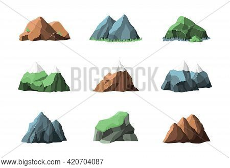 Mountain Elements. Snow Mountains, Outdoor Summer Landscape. Climbing Graphic, Rocky Hiking Map Icon