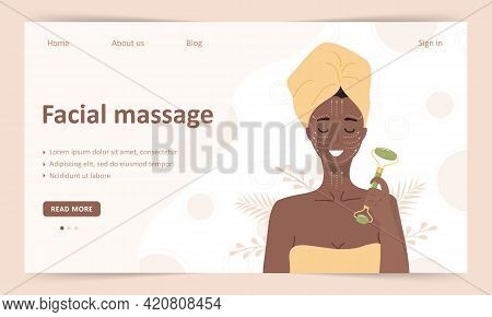 Facial Massage And Skin Care Concept. Landing Page Template. African Woman Do Cosmetic Spa Procedure