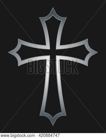 Cross Vector Shape Symbol. Christianity Sign. Christian Religion Icon. Metal Silver Color. Catholic 