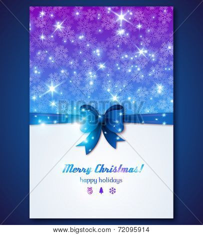 Vintage Greeting Card With Snowflakes And Purple Bow.