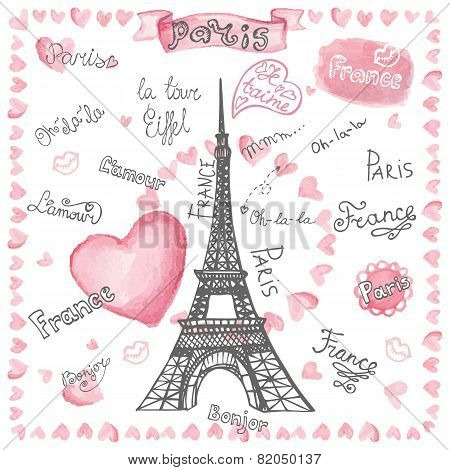 Love in Paris.Watercolor hearts,lettering.Hand drawn painting