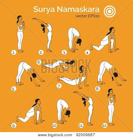 Vector yoga illustration. Surya Namaskara.