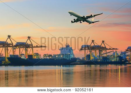 Cargo Plane Flying Above Ship Port Use For Transportation And Freight Logistic Industry Business