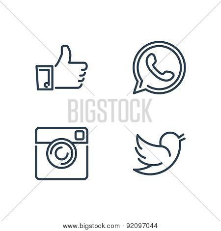 Line designed vector icons of like, handset, camera and bird