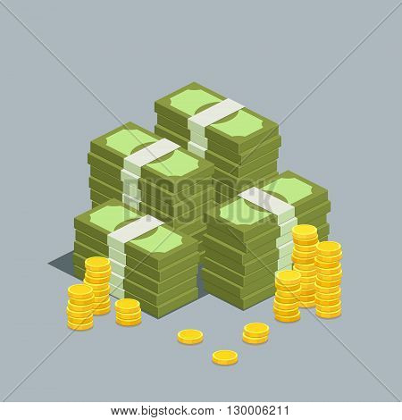 Concept of big money. Big pile of cash. Hundreds of dollars. Vector isometric illustration.