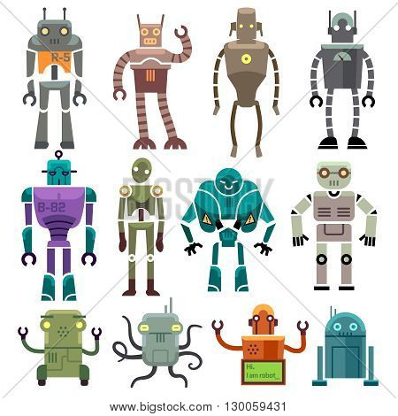 Cute vintage vector robot icons and characters. Toy set robot and technology machine artificial robot illustration