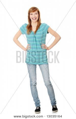 Isolated full length portrait of a beautiful teen woman.