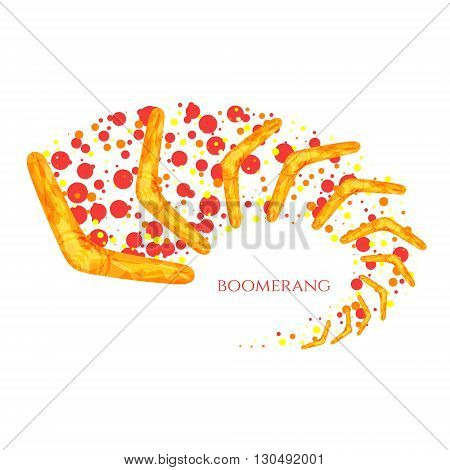 Flying boomerang logo. Yellow boomerang icon with Australian aboriginal ornament. Boomerang in movement. Imitation of watercolor. Boomerang as a symbol of Australia. Isolated vector illustration.