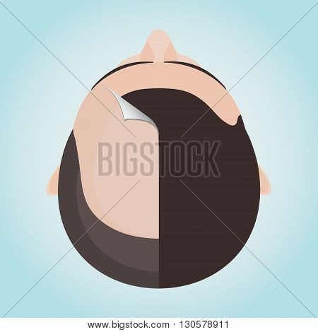 Top view portrait of a man before and after hair treatment and hair transplantation. Divided image of a man head. Two halves. Sticker revealing healthy hair. Isolated vector illustration.