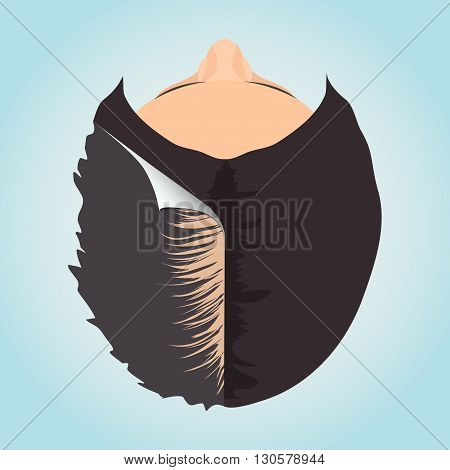 Top view of a woman losing hair before and after hair treatment. Divided image of a woman head. Two halves. Sticker revealing healthy hair. Female hair loss. Isolated vector illustration.