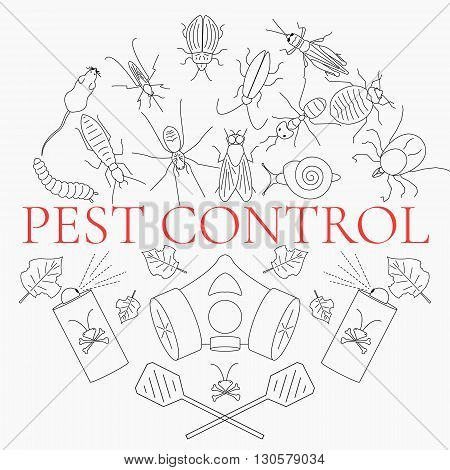 Pest control line icon set with insects and rodents and pest control equipment. Linear design elements for exterminator service and pest control companies.