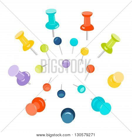 Set of colored push pins on white background. Push pins for maps. Flat push pin clips. Head push pins. Thumbtacks. Pins stationery products. Needles and tacks. Vector illustration.