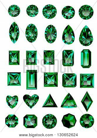 Set of realistic green jewels. Colorful green gemstones. Green emeralds isolated on white background. Princess cut jewel. Round cut jewel. Emerald cut jewel. Oval jewel. Pear jewel . Heart cut jewel.