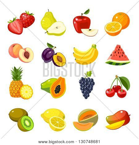 Set of colorful cartoon fruit icons: apple, pear, strawberry, orange, peach, plum, banana, watermelon, pineapple, papaya, grapes, cherry, kiwi, lemon, mango. Vector illustration, isolated on white.