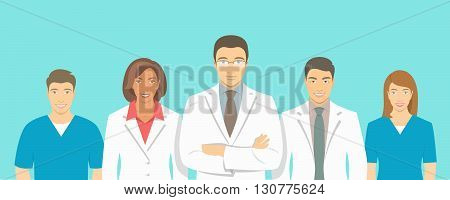 Medical clinic doctors team vector flat illustration. Group of healthcare specialists physicians and nurses men and women in white coats. Hospital staff horizontal background. Medical counseling