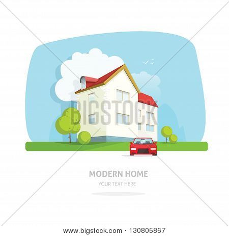 Home facade contemporary modern flat style. House traditional cottage vector illustration. Bright family smart home front view with garden, sport car. Lovely home landscape card or postcard for rent