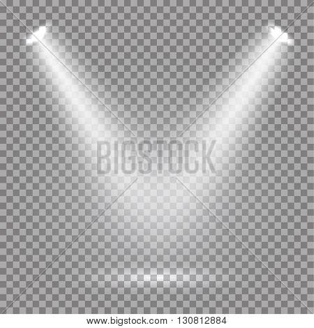 White glowing transparent spotlight background. Vector spotlight background illustration.  Transparent shine spotlight background. Bright lighting effect spotlights. Realistic studio illumination.