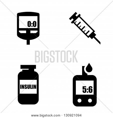 Diabetes black icon set. Blood Glucose Test. Hand holding Glucose Meter