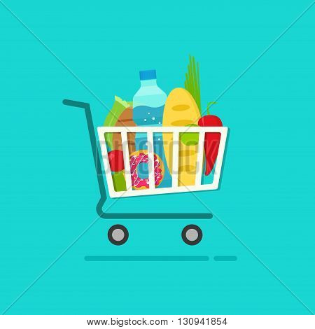 Grocery shopping cart with full of fresh products vector illustration isolated on blue, flat cartoon groceries shopping basket, concept of ecommerce trolley, retail, supermarket cart